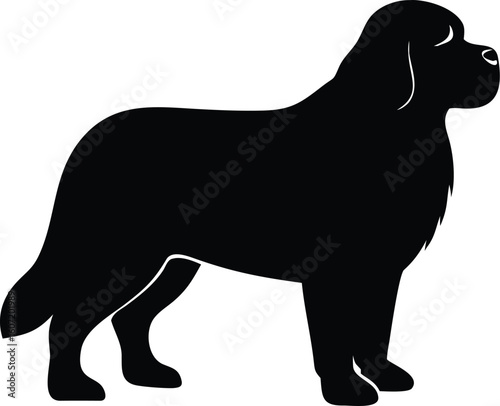 Newfoundland dog silhouette with massive frame, thick coat, and gentle stance in side profile