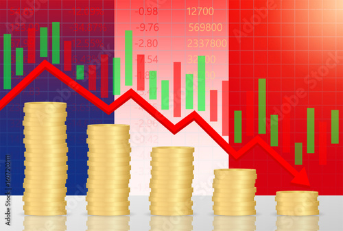 France Economy. Flag of France with Falling Financial Graph. Economic Crisis and Global Recession Concept. Vector Illustration.  