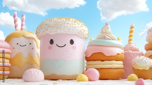 Pastel Cartoon Sweets Against Blue Sky Background