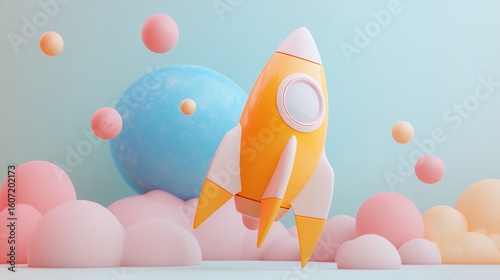 Pastel Cartoon Rocket Launching Among Spheres and Clouds