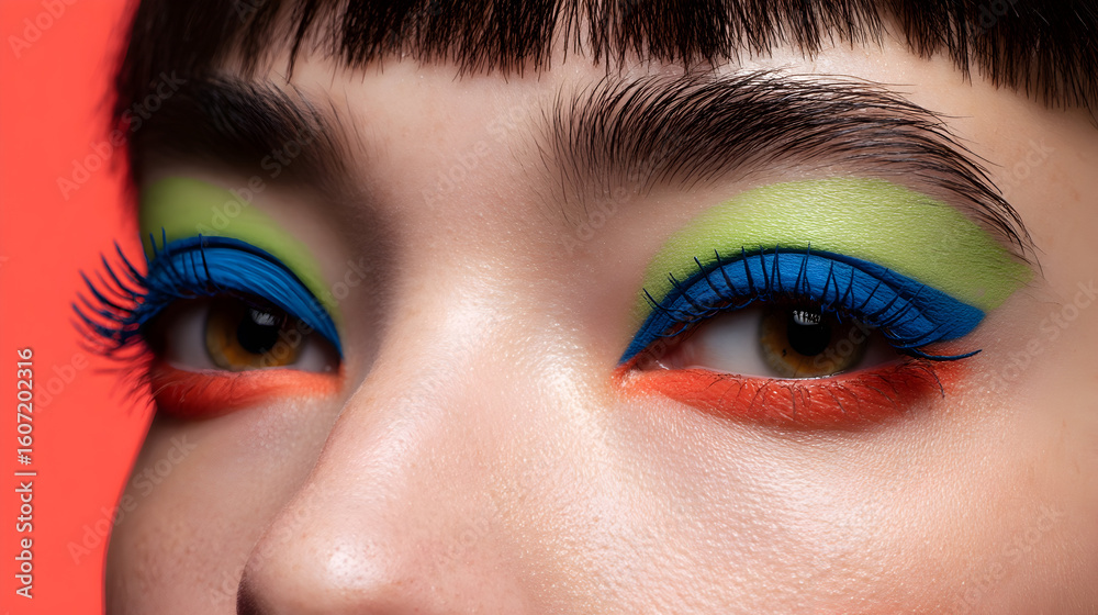 Obraz premium Vibrant beauty adornment featuring bold green and blue eye makeup in a striking close-up view, showcasing meticulous artistry and vivid colors