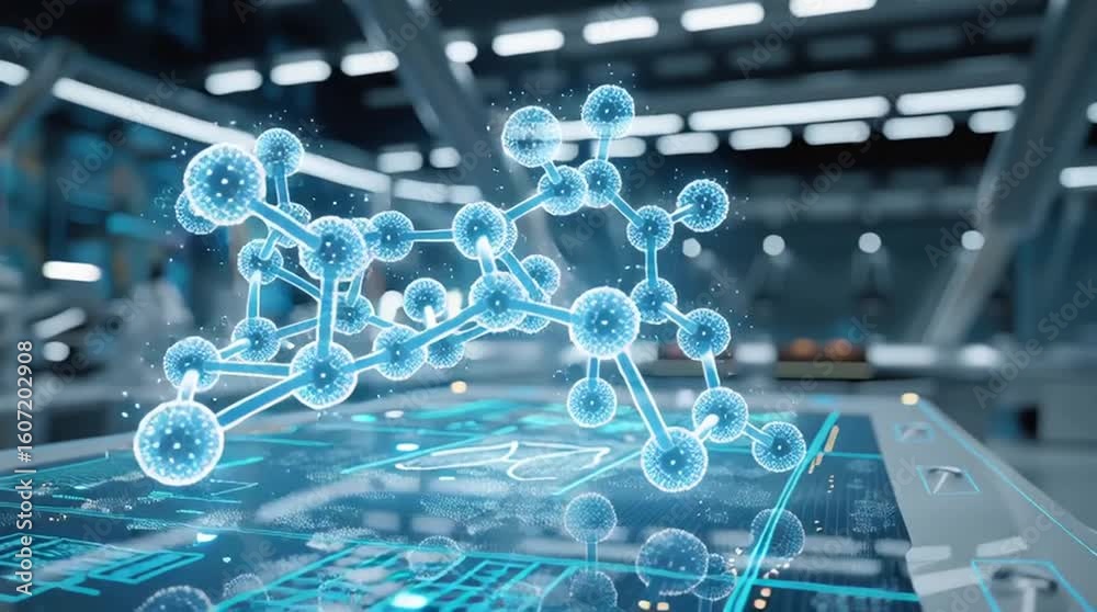 A captivating view of a molecular structure within a high-tech laboratory, highlighting the precision and intricacy of scientific exploration.