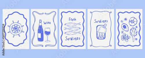 Hand drawn Mediterranean food and wine sketch poster set. Sardines, vegetables, wine, nautical symbols. Illustration for cafe wall decor, branding, seafood menus.