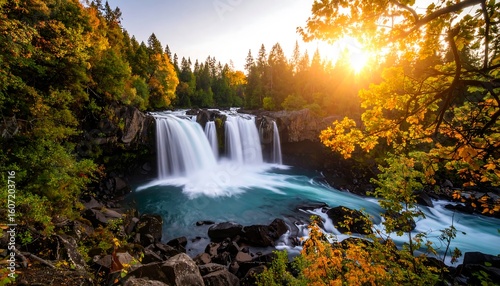 Autumn waterfall cascading into a turquoise pool, framed by vibrant fall foliage and sunlight