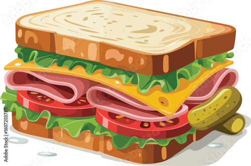 Cartoon sandwich with ham, cheese, tomato, lettuce, and pickles, delicious stacked meal shown front view, cad drawing flat vector illustration, food
