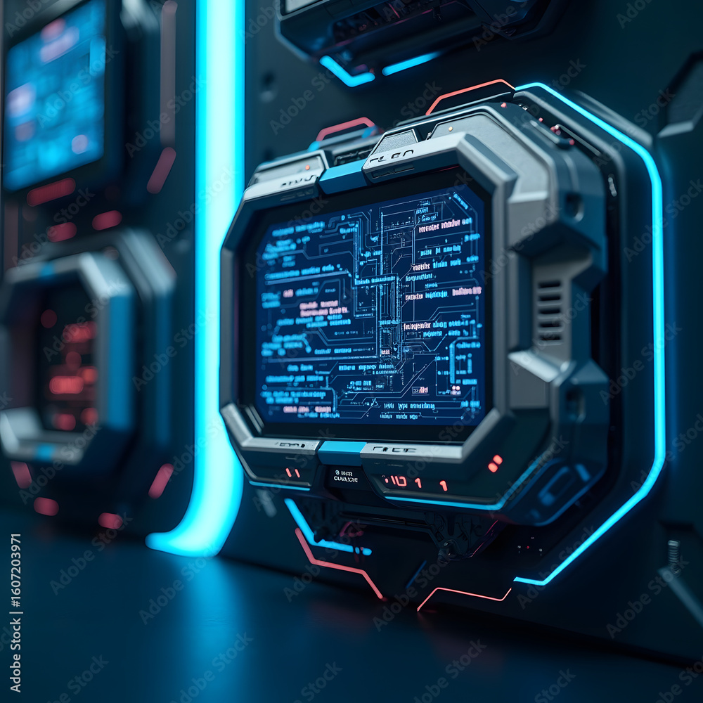 Fototapeta premium Futuristic Control Panel with Neon Blue and Red Lights