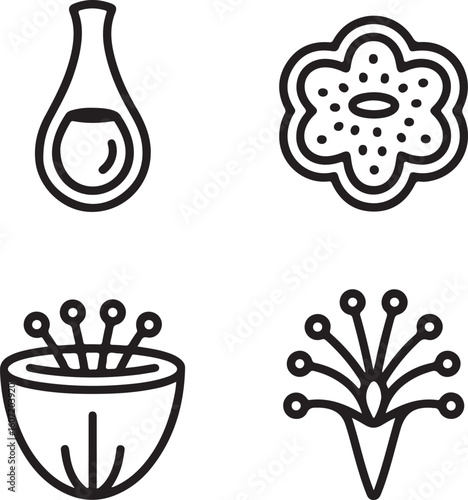 Floral Scent & Oil Structure Line Icons — Oil Gland, Scent Pore, Aromatic Resin Canal, and Glandular Hair