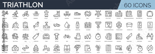 Set of 60 outline icons related to triathlon. Linear icon collection. Editable stroke. Vector illustration