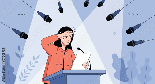 Woman feeling anxious under pressure from multiple microphones during a public speaking event.