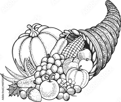 Cornucopia with fruits and vegetables in black and white drawing style
