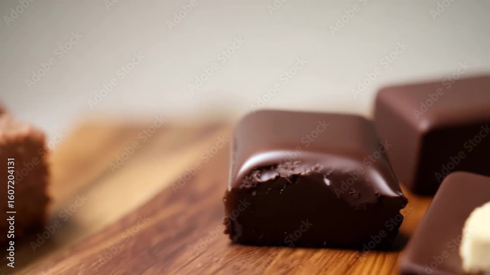 Macro slider shot of assorted artisanal chocolates arranged on rustic wooden board