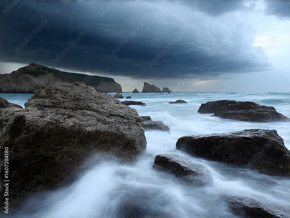 Stormy Seascape with Towering Clouds and Coastal Rocks Stormy Seascape with Towering Clouds and Coastal Rocks