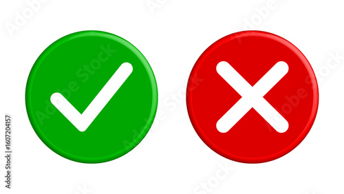 3D green checkmark red cross mark icon, right and wrong sign, tick and cross symbol, yes and no checkmark button, do and don't button. Vector illustration.