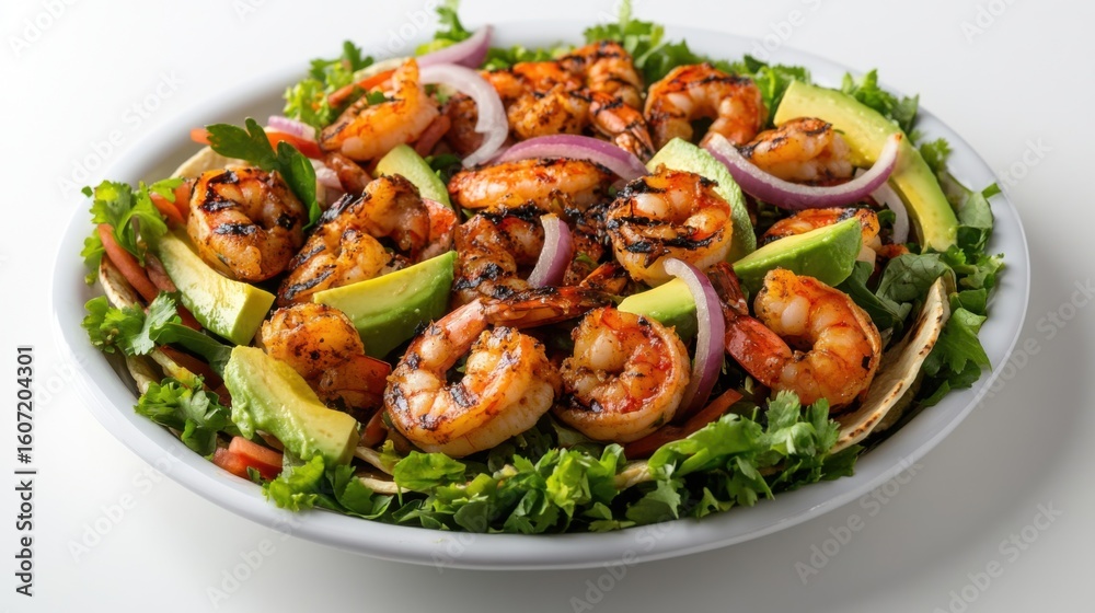 Fototapeta premium Grilled Shrimp Salad with Avocado and Red Onion on White Plate