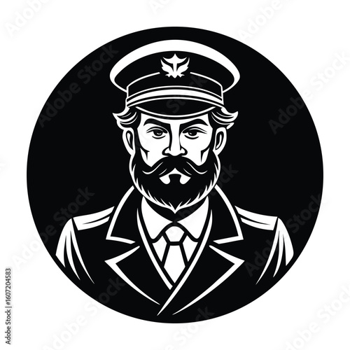 Captain Silhouette Vector Art Strong Beard Man Icon on White Background
