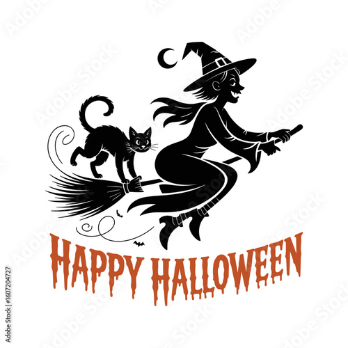 Spooky Witch's Flight: A whimsical illustration of a witch on a broomstick with a black cat, flying under the crescent moon, heralding the arrival of Halloween with joyful charm.
