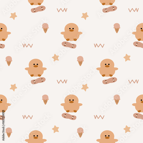 Duck play skateboard cartoon so cute. On star ice cream background. Pattern seamless vector illustration. 