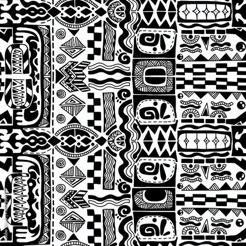 A black and white hand-drawn drawing in the Mexican style.Seamless pattern.