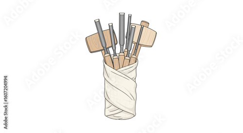 Sculpting tools in ceramic holder illustration in neutral tones