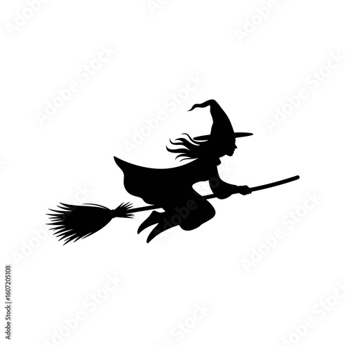 Silhouette of Witch on Broom: A dark silhouette of a witch is depicted on a broom, a classic symbol of Halloween, conjuring the spooky atmosphere of the season.