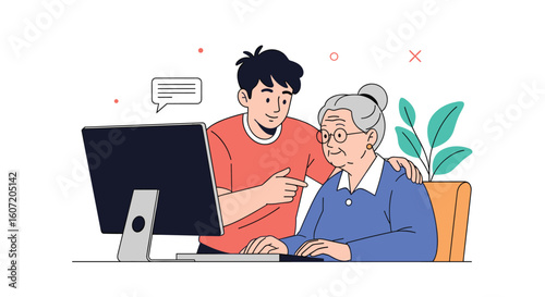 Young man teaching elderly woman how to use a computer with gentle guidance and support