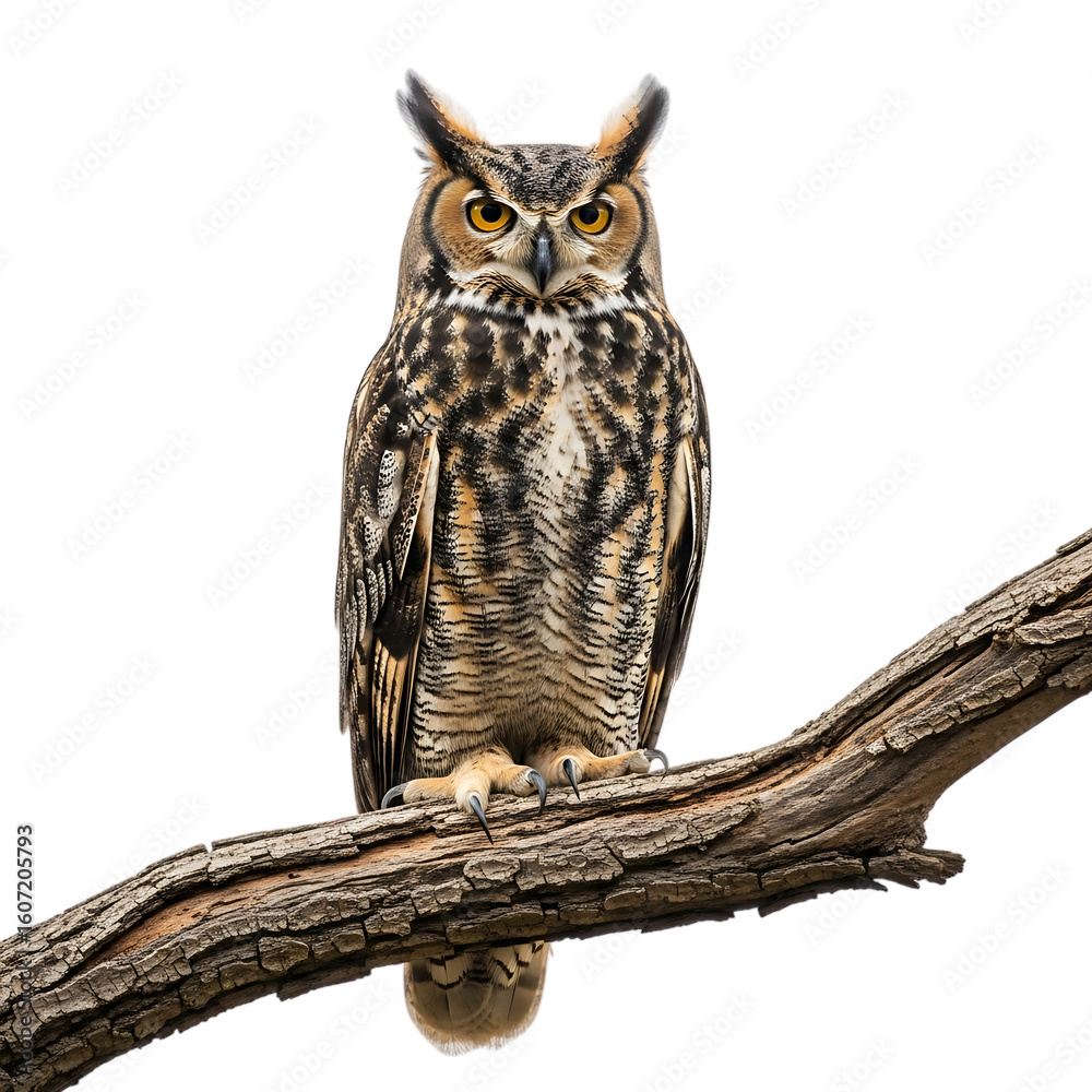 Naklejka premium Majestic great horned owl perched on a branch against a black background