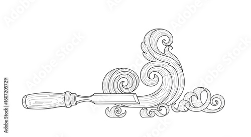  Wood carving chisel with ornate curls in line art illustration