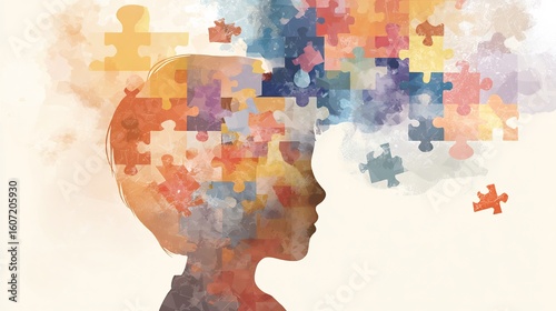 Cognitive development concept art showing childs silhouette with puzzle pieces and colorful shapes forming a brain education and psychology intersection soft pastel palette