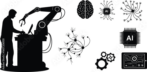 Modern man operating robotic arm with AI brain interface for advanced technology solutions, innovation and machine learning applications