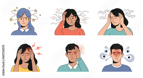 Illustrating various discomforts and ailments of the human head and mind in a clear graphic style
