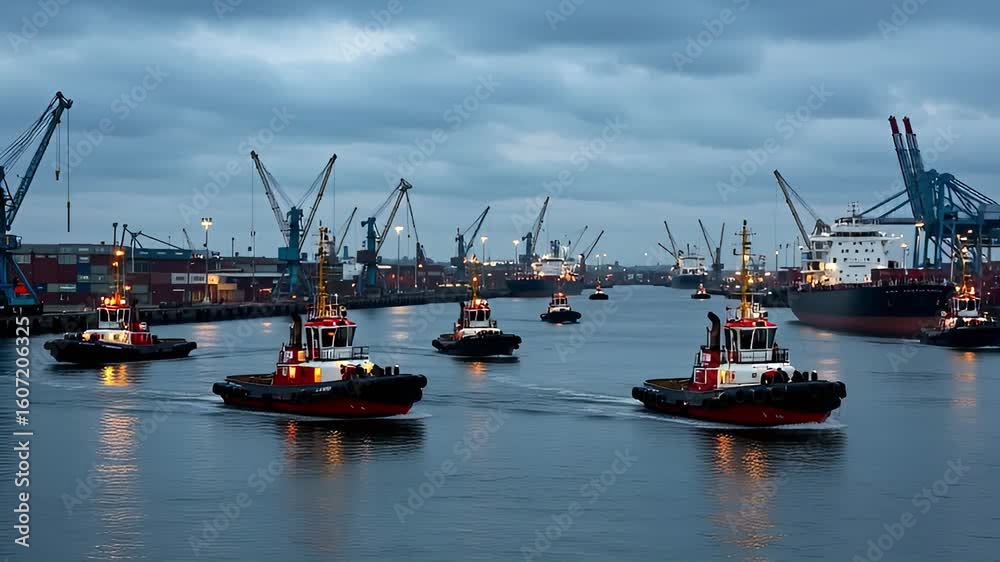 Busy Port Scene: Tugboats Navigate Waterways with Cargo Ship, Cranes and Cloudy Sky