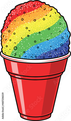 Rainbow shaved ice in red plastic cup, colorful sweet dessert, summer tropical treat, cad drawing, flat vector illustration, sugary frozen delight.