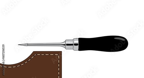  Leathercraft awl with stitched brown leather in color illustration