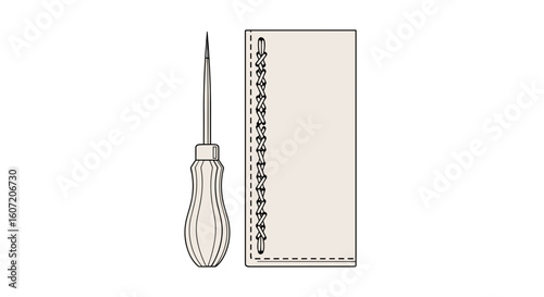  Leathercraft awl and stitched leather piece in flat illustration
