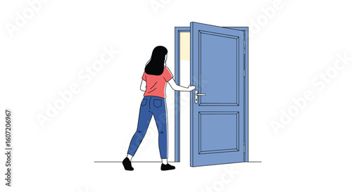 Young woman opens a blue door and walks through into a new opportunity or adventure a bright future awaits her