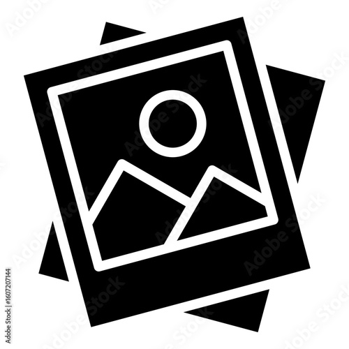 Photo Stack Glyph Black Silhouette Icon Vector Design - Stacked photo prints, representing image collection, gallery, or memories