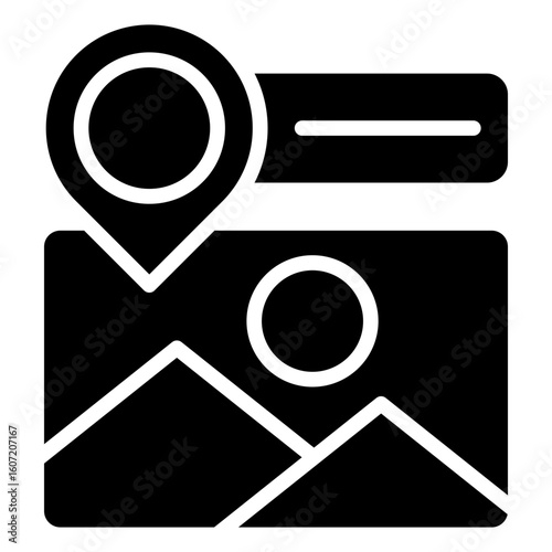 Photo Location Glyph Black Silhouette Icon Vector Design - Image with a location pin, representing geotagged photos or location-based photography