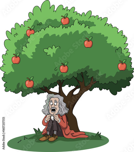 Funny cartoon Isaac Newton under apple tree, gravity discovery moment, falling apples, science history humor, cad drawing, flat vector illustration, education.