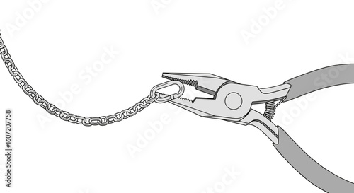Jewelry pliers holding chain link in grayscale illustration