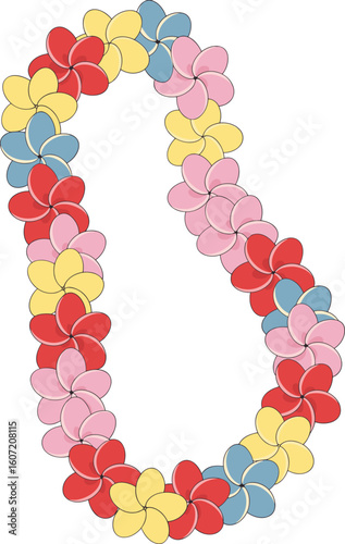 Colorful Hawaiian flower lei necklace, tropical plumeria garland, beach party accessory, celebration decor, summer travel symbol, cad drawing, flat vector illustration.
