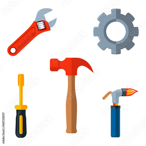 Collection of various tools and a gear on a white background