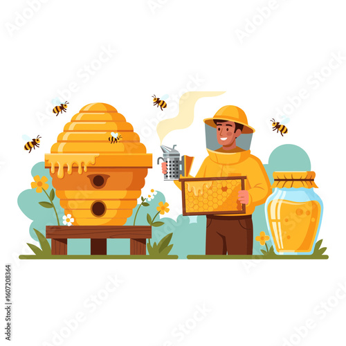 Beekeeper Holding Honeycomb Next to Hive and Honey Jar