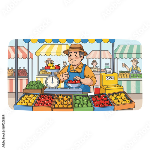 Farmer at Market Selling Fresh Produce with Cash Register