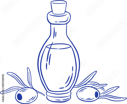 Hand draw olive oil in glass bottle with fresh olives and leaves vector illustration. Mediterranean food. Doodle sketch style