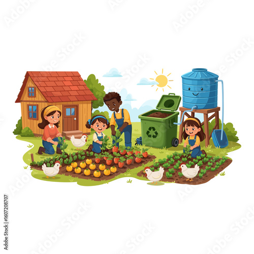 Family gardening and composting with chickens and water tank