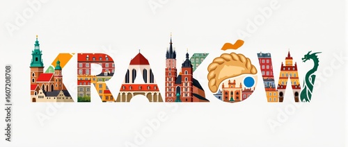 Kraków Illustrated: A Vibrant Word Art Featuring Iconic Landmarks and Culture
