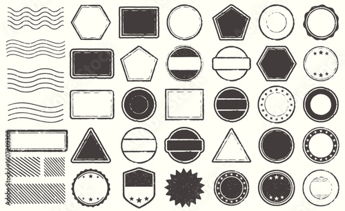 Retro Grunge postage Stamps frames vector shape set. Black postal round and square empty stamp border pack. Blank post Stamp template grunge ink rubber labels collection. Vector image isolated
