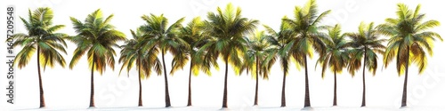 Row of tropical palm trees against white background