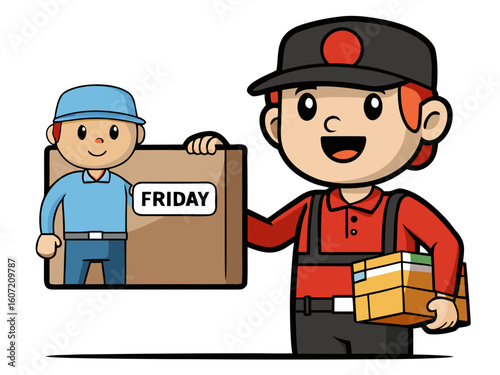 Happy delivery workers holding packages on friday