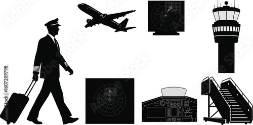 Professional pilot pulling luggage at airport with radar, control tower, plane, and cockpit imagery for aviation themes and travel concepts